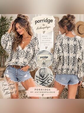 Porridge by Anthropologie - Cream & Charcoal V-Neck Boho Blouse - Oversized